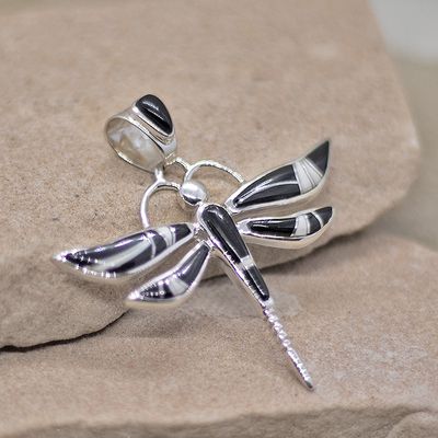 Black &amp; white inlay Dragon Fly pendant