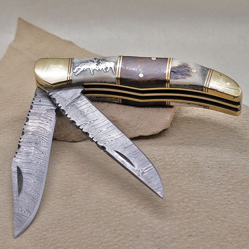 Damascus steel double blade knife w/ fighting Elks