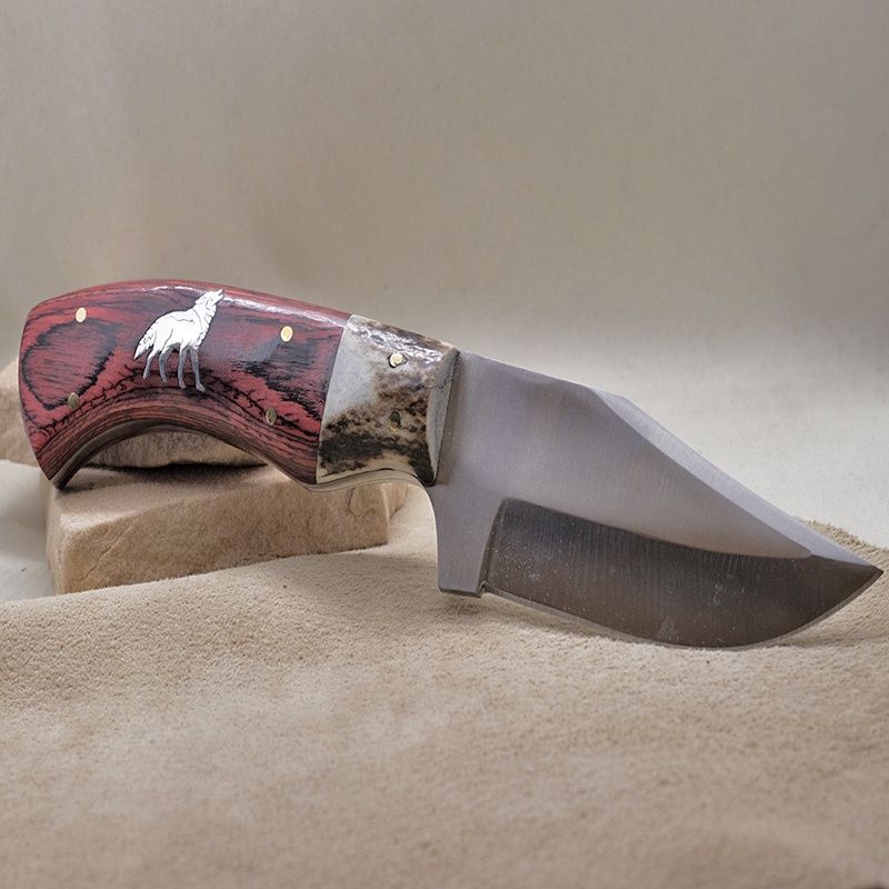 Large wood &amp; silver inlay wolf knife