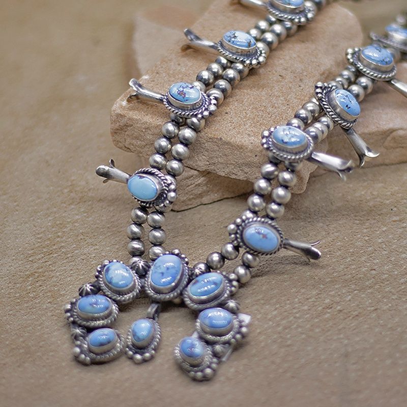 Large golden hills turquoise squash blossom necklace