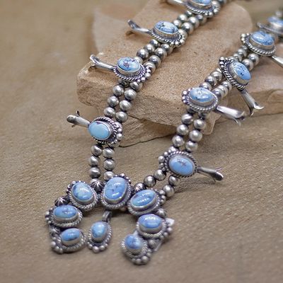 Large golden hills turquoise squash blossom necklace