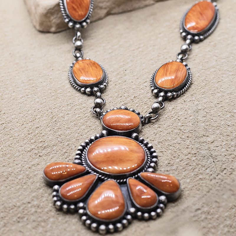Large Orange spiny oyster shell necklace set- Angela Martin