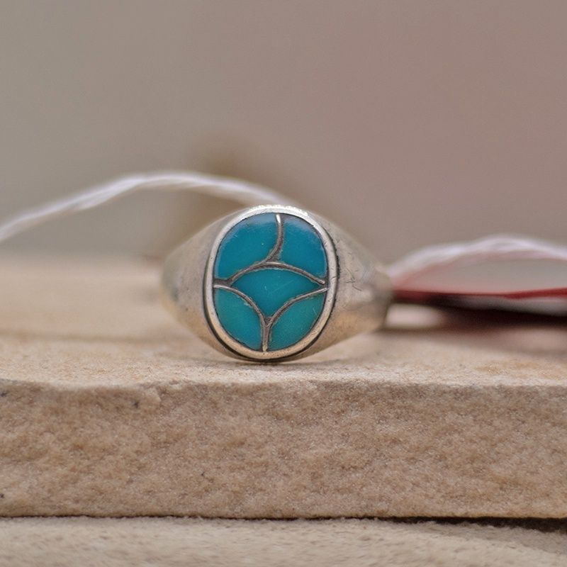 Small oval Zuni turquoise inlay ring-Pawn Jewelry
