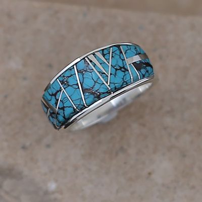 Wide taper  inlay ring- Spiderweb turquoise
