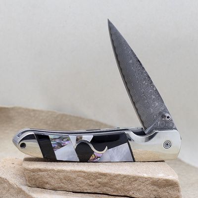 Custom black jade and shell inlay folding knife