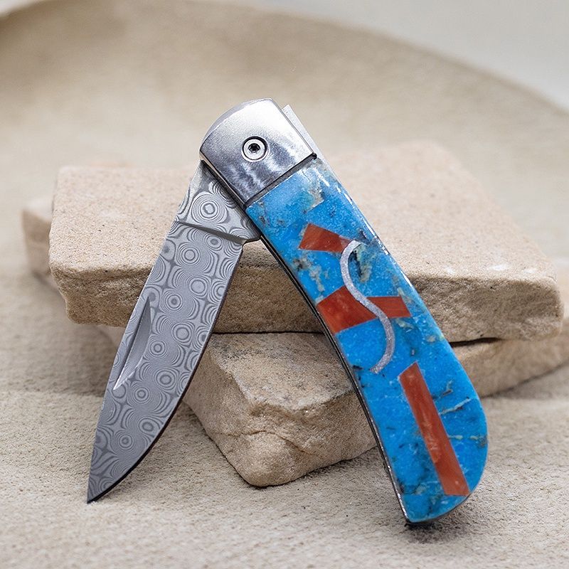 Custom Turquoise and Coral inlay pocket knife