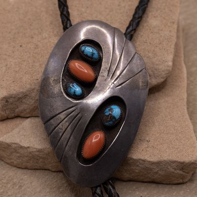 1970's bolo tie w/ turquoise and coral