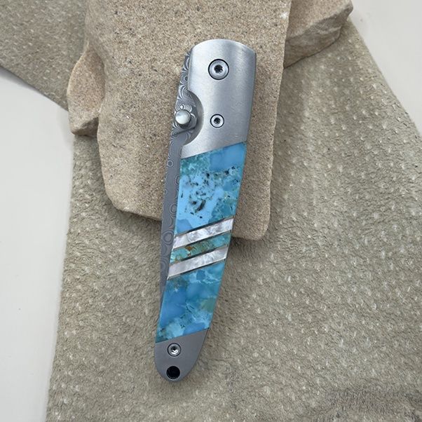 Damascus blade  w/ wood &amp; stabilized turquoise inlay