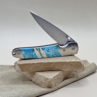 Damascus blade  w/ wood &amp; stabilized turquoise inlay