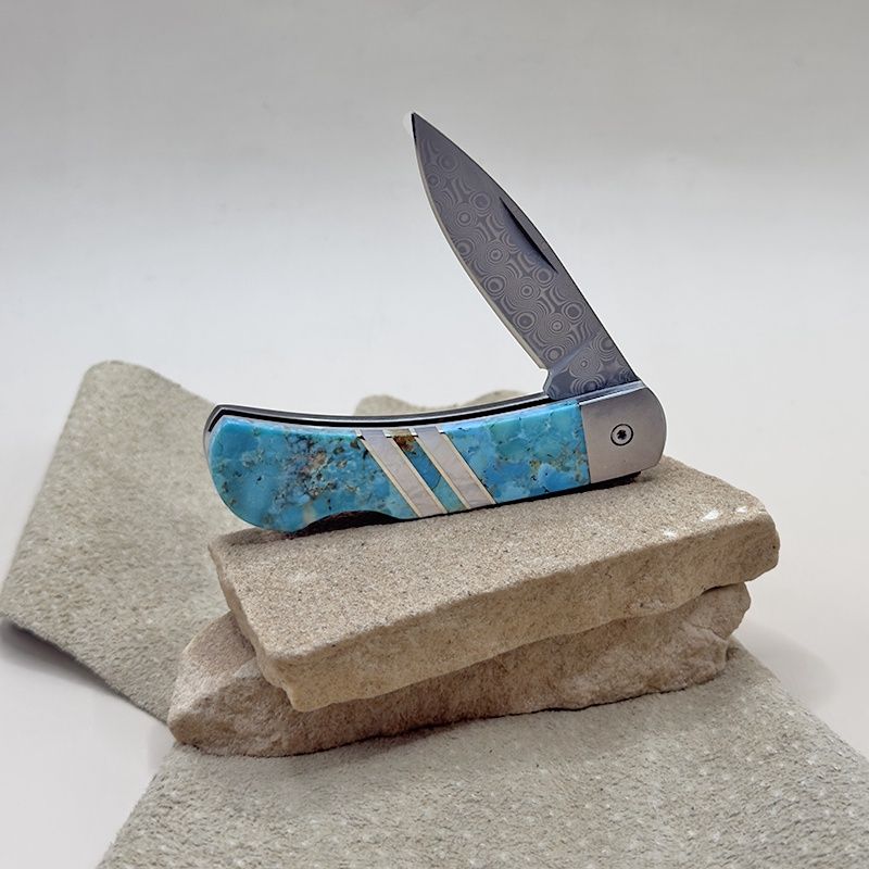 Damascus blade pocket knife w/ stabilized turquoise inlay