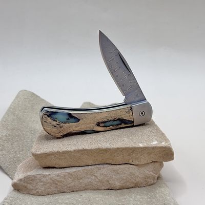 Cholla wood inlay pocket knife w/Damascus blade