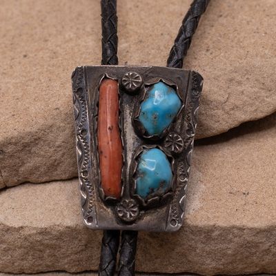 1970's Navajo turquoise and coral bolo tie