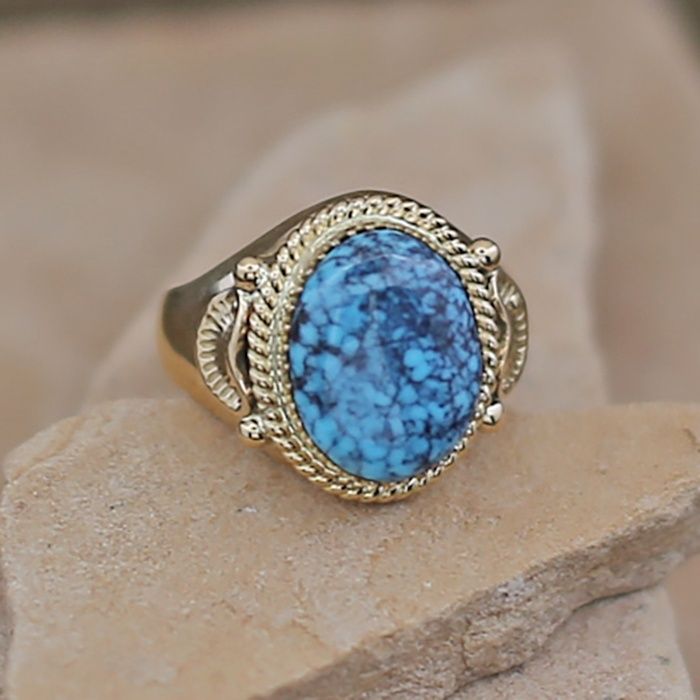 Large 14kt gold Kingman "spiderweb" turquoise ring