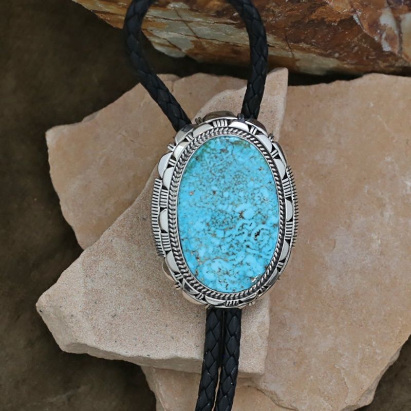 Large oval Kingman turquoise bolo tie