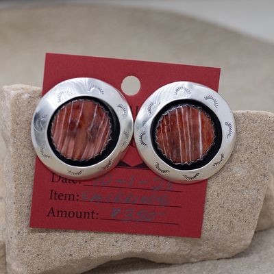 Large Navajo disc earrings w/red spiny oyster shell