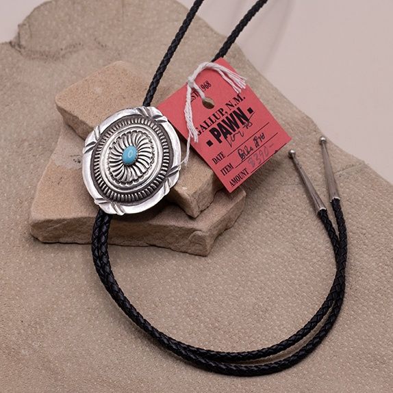 Navajo turquoise and silver bolo tie-Pawn Jewelry