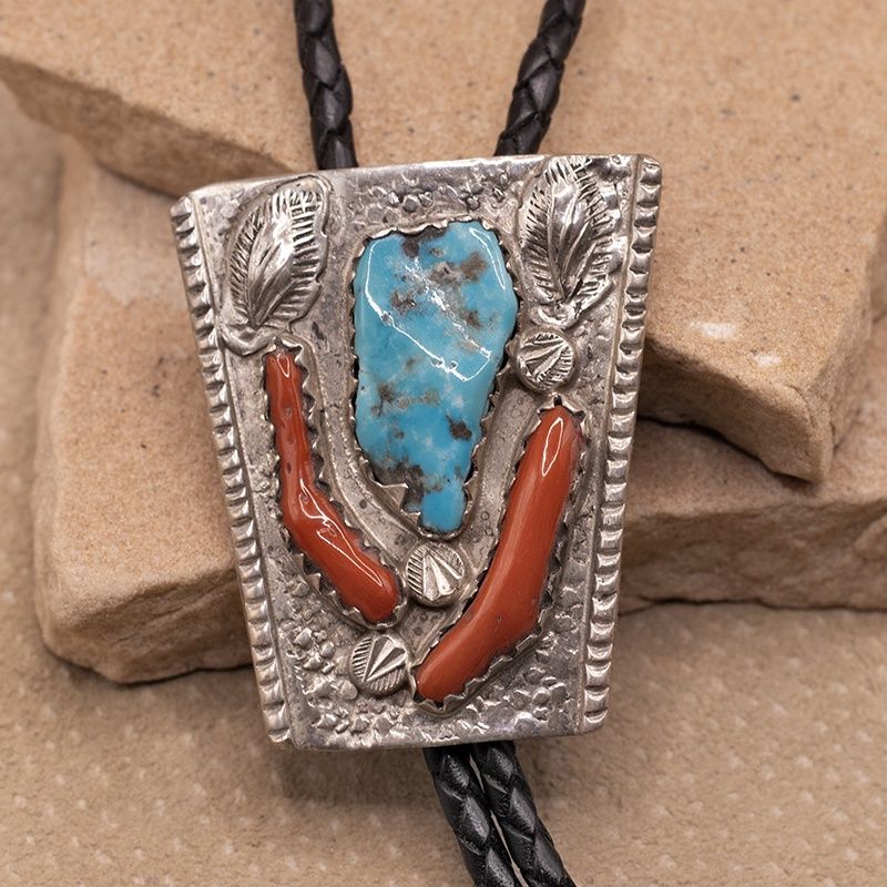 Large Navajo 1970's turquoise &amp; coral bolo tie
