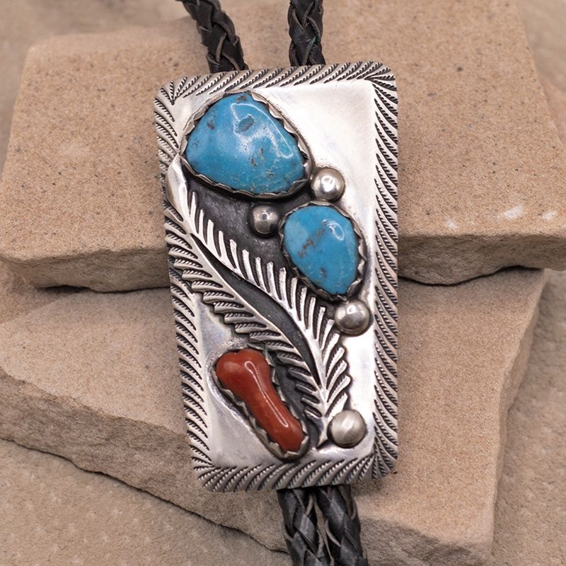 Small Navajo turquoise &amp; coral bolo tie