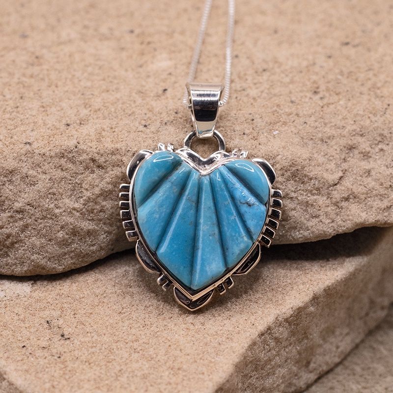 Large turquoise heart pendant w/ cobble stone inlay