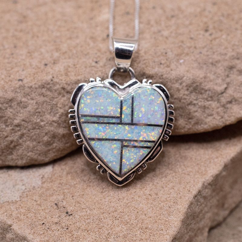 Medium inlay heart pendant w/ cultured opals