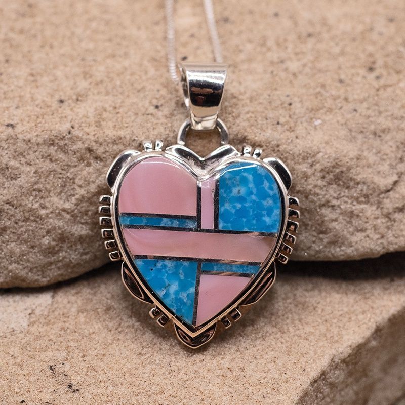 Pink conch &amp; turquoise inlay heart pendant