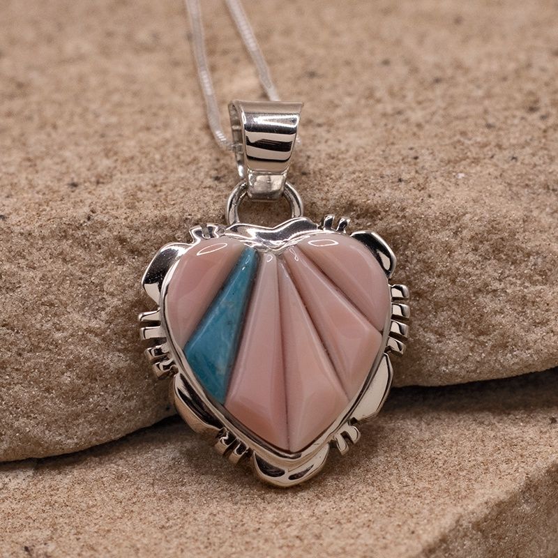 Medium inlay heart pendant w/ pink conch &amp; turquoise