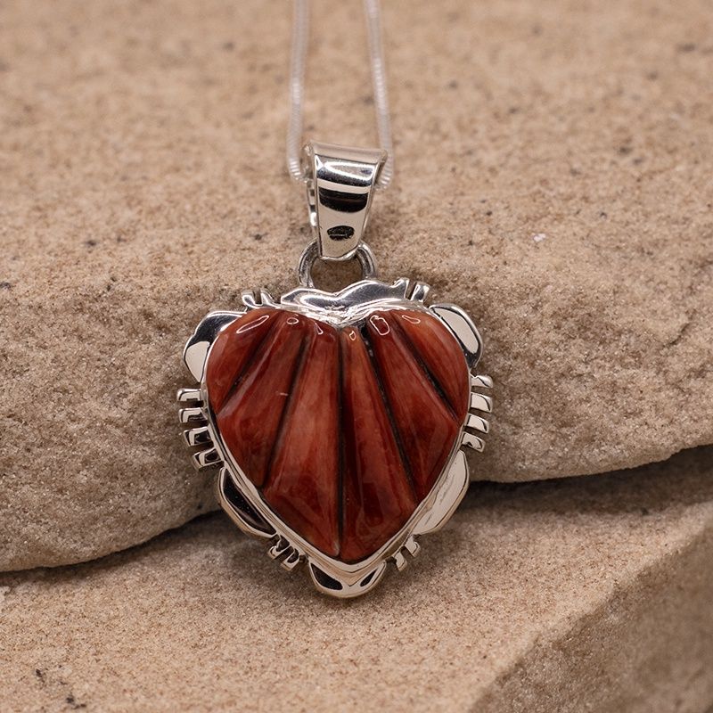 Small red spiny shell inlay heart pendant