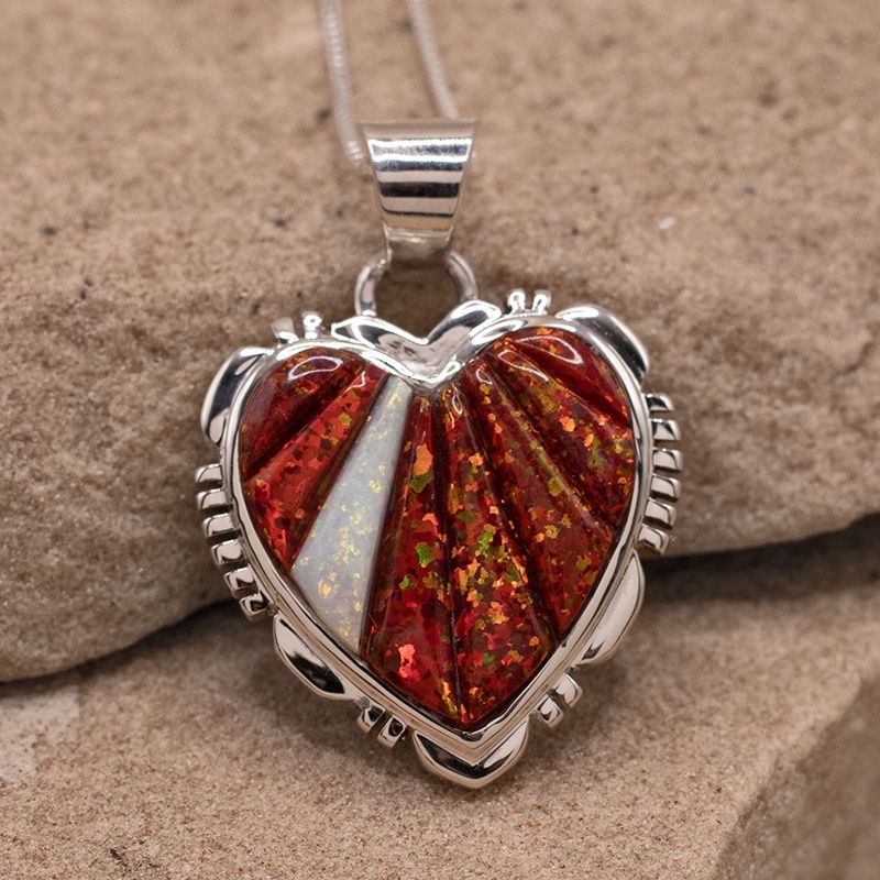 Small red cultured opal inlay heart pendant