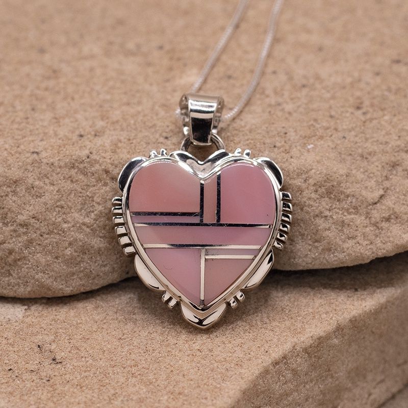 Large pink conch shell inlay heart pendant