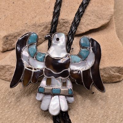 Vintage Zuni inlay eagle bolo tie w/tips