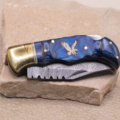 Blue wood inlay knife w/Eagle-Damscus