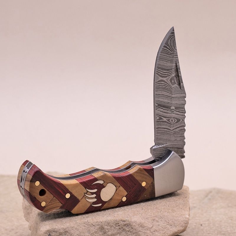 Red checkerboard inlay knife w/ Bear Paw-Damascus