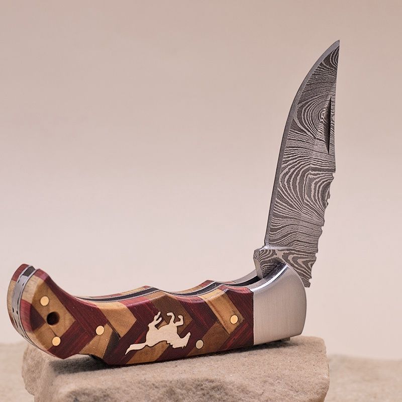 Red checkerboard inlay knife w/ Horse- Damascus