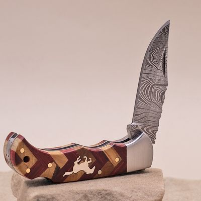 Red checkerboard inlay knife w/ Horse- Damascus