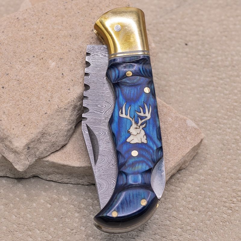 Blue wood inlay knife w/Elk- Damascus