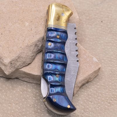 Blue wood inlay knife w/Elk- Damascus