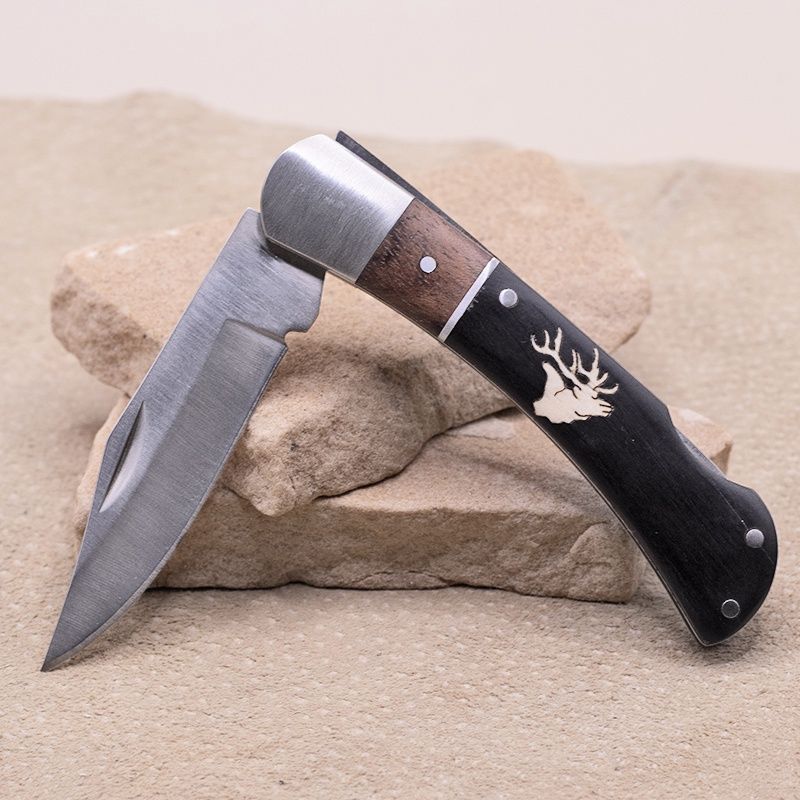 Black &amp; brown wood pocket knife w/inlay Elk head