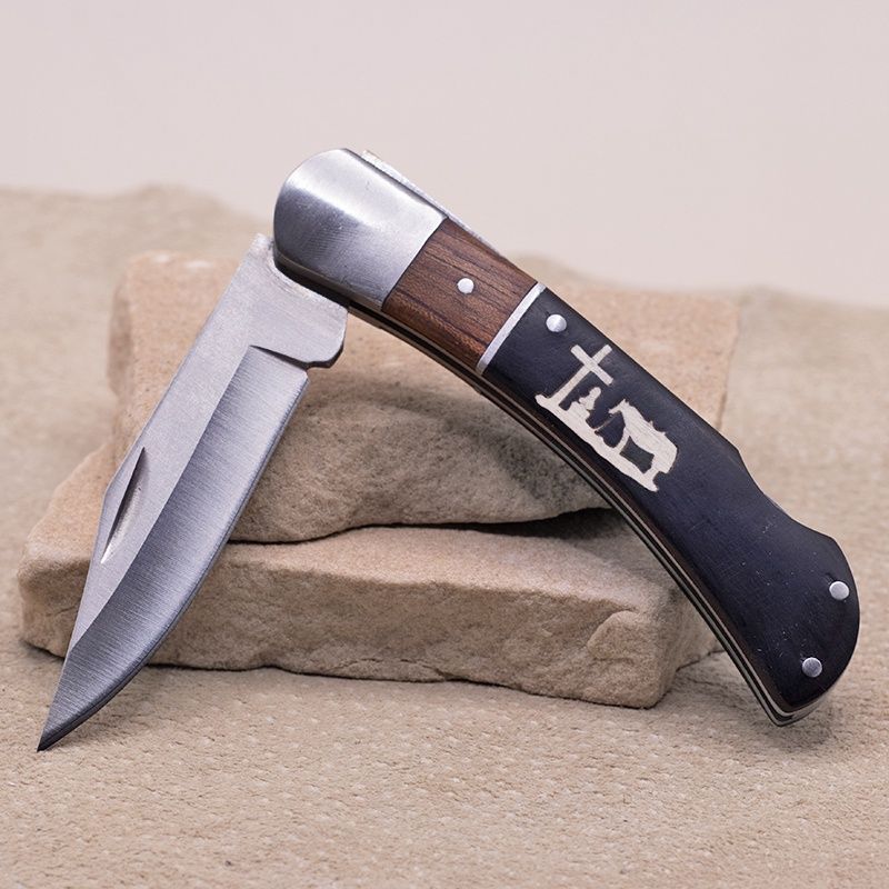 Black &amp; brown wood pocket knife w/inlay cowboy &amp; cross
