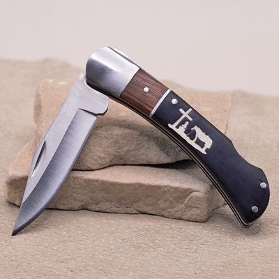 Black &amp; brown wood pocket knife w/inlay cowboy &amp; cross