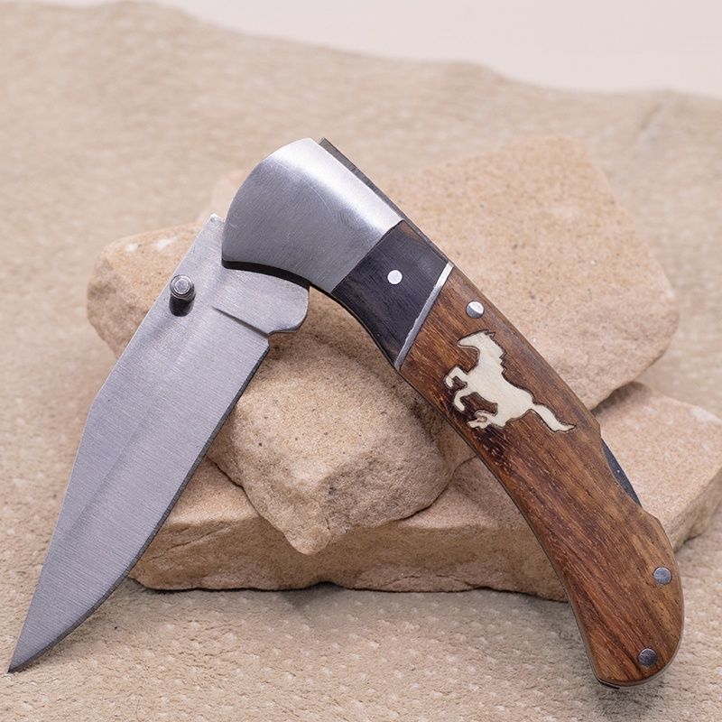 Brown &amp; black wood inlay pocket knife w/inlay running horse