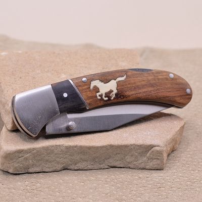 Brown &amp; black wood inlay pocket knife w/inlay running horse
