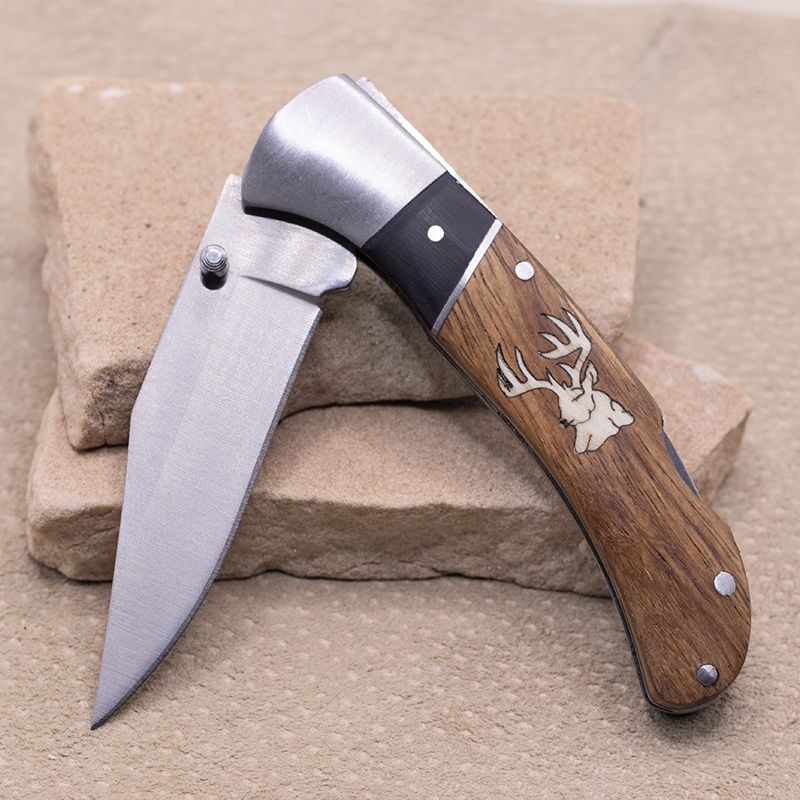 Brown &amp; black wood pocket knife w/inlay Elk