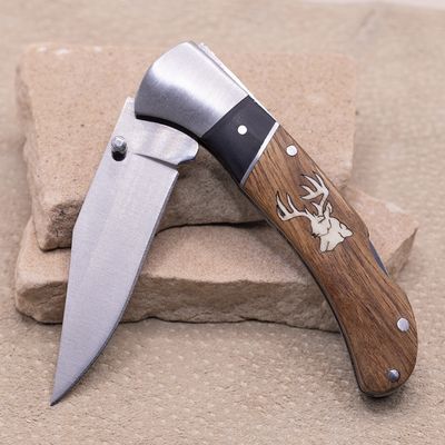 Brown &amp; black wood pocket knife w/inlay Elk