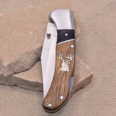 Brown &amp; black wood pocket knife w/inlay Elk