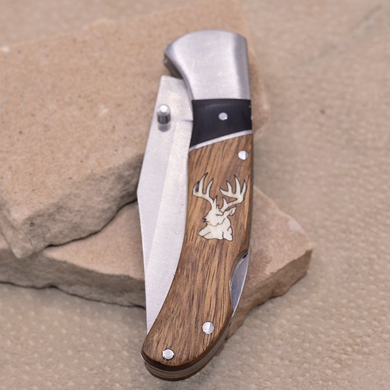 Brown &amp; black wood pocket knife w/inlay Elk