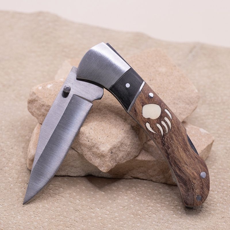 Brown &amp; black wood pocket knife w/inlay bear paw