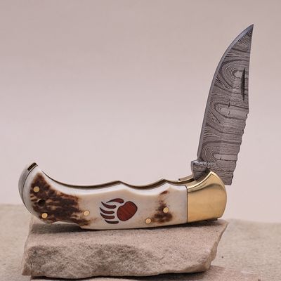 antler &amp; brass handle folding knife w/ Bear Paw