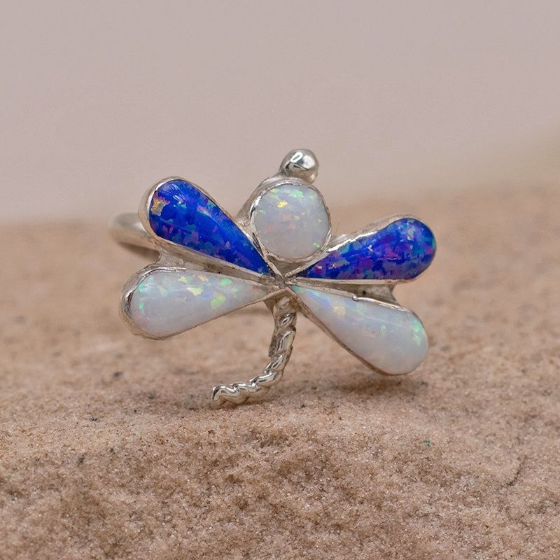 Blue and White Opal Dragonfly Ring