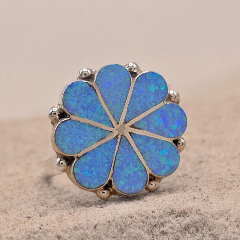 Large Blue Opal Flower Ring