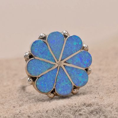 Large Blue Opal Flower Ring